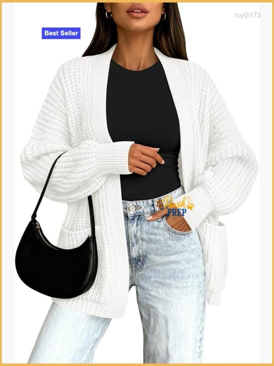 Sweaters - Oversized Open Front Knit Cardigan with Pockets - Long Sleeve Slouchy Sweater